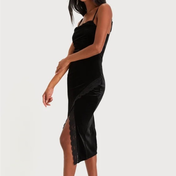 🖤 LULUS Alluring Affection Black Velvet Lace Cowl Neck Midi Dress; Size XS - Picture 2 of 14